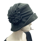 1920s style fleece cloche hat women, black with fleece flower brooch BostonMillinery flower view