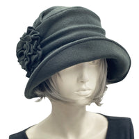 1920s style fleece cloche hat women, black with fleece flower brooch BostonMillinery front view