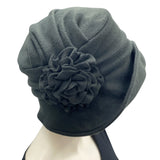 1920s style fleece cloche hat women, black with fleece flower brooch BostonMillinery side view