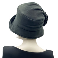 1920s style fleece cloche hat women, black with fleece flower brooch BostonMillinery rear view