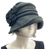1920s style fleece cloche hat women, black with fleece flower brooch BostonMillinery