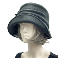 1920s style fleece cloche hat women, black with fleece flower brooch BostonMillinery side front view