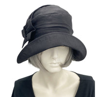 1920s Style cloche hat handmade in black linen with linen bow brooch side view  Boston Millinery handmade front view