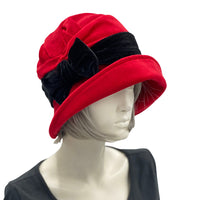 1920s cloche hat in red velvet with black velvet band and bow 