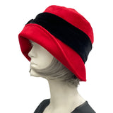 1920s cloche hat in red velvet with black velvet band and bow  side view