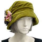 1920s style cloche hat in chartreuse velvet with hydrangea flower brooch 