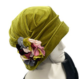 1930s Vintage style cloche hat in chartreuse velvet with hydrangea flower brooch 