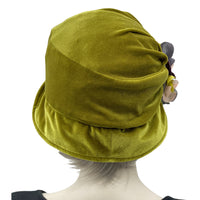 Vintage style cloche hat in chartreuse velvet with hydrangea flower brooch rear view