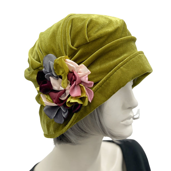 Vintage style cloche hat in chartreuse velvet with hydrangea flower brooch 