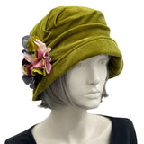 Vintage style cloche hat in chartreuse velvet with hydrangea flower brooch 
