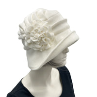 The Alice a 1920s vintage style cloche hat in fleece many color options. Cream. Handmade b y Boston Millinery 