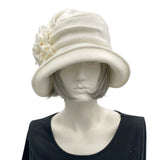 1920s vintage style cloche hat in fleece many color options. Cream front view