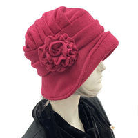 Downton Abbey Style Fleece Wine Hat in Wine with side flower brooch Boston Millinery flower view