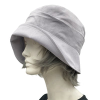 Alice gray linen cloche hat with wide front brim handmade silky satin hydrangea petal brooch 