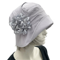 Alice gray linen cloche hat with wide front brim handmade silky satin hydrangea petal brooch  side view