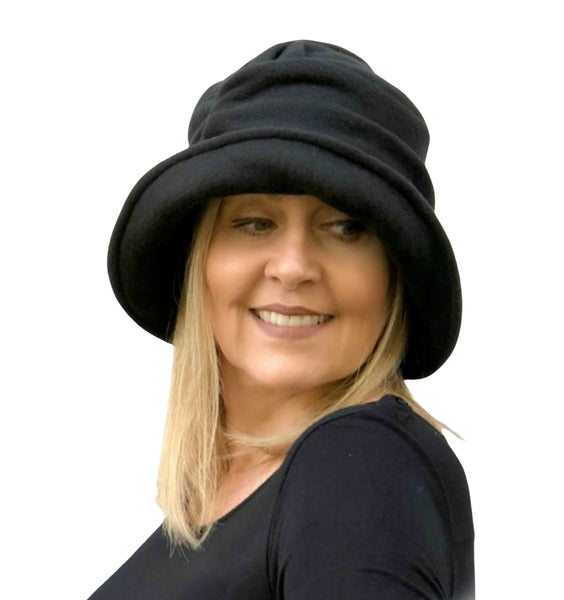 Alice cloche hat in black fleece front view