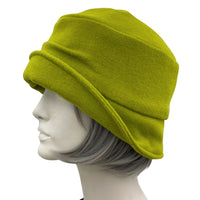 Alice narrow brim cloche hat women handmade in chartreuse color wool with a satin rose brooch  side view
