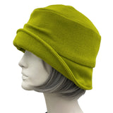 Alice narrow brim cloche hat women handmade in chartreuse color wool with a satin rose brooch  side view