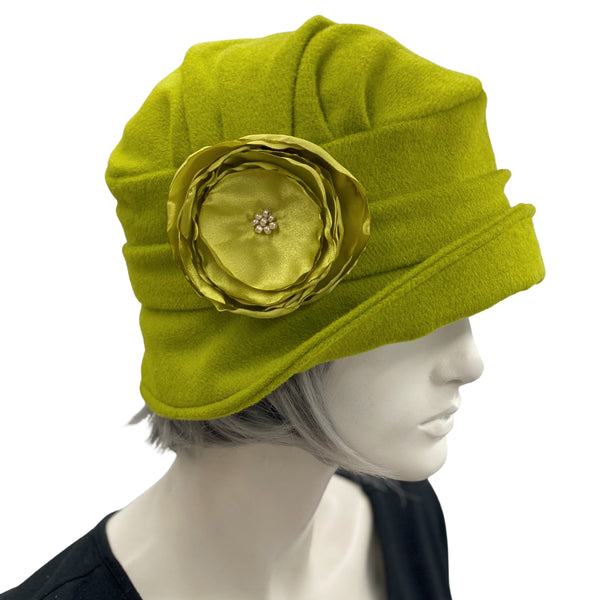 Chartreuse Green Wool Cloche Hat for Women with Satin Rose | The Alice