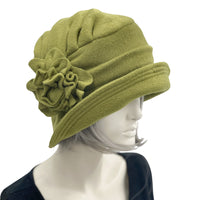  Flapper style cloche hat for women in winter fleece olive green handmade 