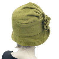  Flapper style cloche hat for women in winter fleece olive green handmade rear view