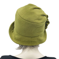  Flapper style cloche hat for women in winter fleece olive green handmade  rear view