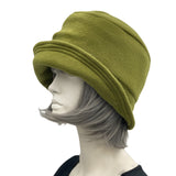  Flapper style cloche hat for women in winter fleece olive green handmade  side view