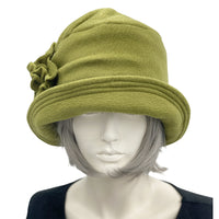  Flapper style cloche hat for women in winter fleece olive green handmade  front view