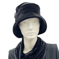 1920s inspired vintage cloche hat in black velvet Boston Millinery front view
