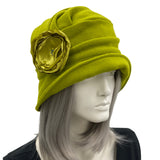 1920s Vintage style cloche hat for women in chartreuse green wool with satin rose brooch Handmade  side view
