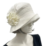 Elegant Vintage Style Cloche Hat in Linen with Satin Hydrangea Petals | The Alice