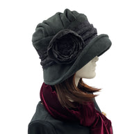 1920s Black Fleece cloche hat with satin and lace 