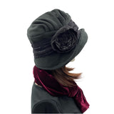 1920s Black Fleece cloche hat with satin and lace flower view