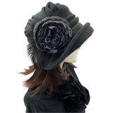 Alice wide front brim black fleece cloche with large  flower detail with Ostrich feather 