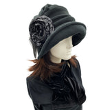 Alice wide front brim black fleece cloche with large  flower detail with Ostrich feather Downton Abbey style