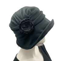 Alice wide front brim black fleece satin rose brooch 