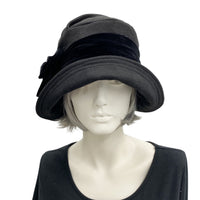 Cloche Hat 1920s Style Black Wool and Velvet Boston Millinery front view 