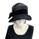 Cloche Hat 1920s Style Black Wool and Velvet Boston Millinery top view 