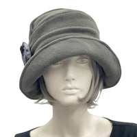 Alice gray fleece cloche hat 1920s style shown modeled on a mannequin. Front view