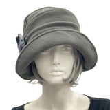 Alice gray fleece cloche hat 1920s style shown modeled on a mannequin. Front view