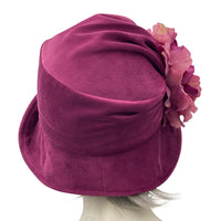 1920s style cloche hat for women in raspberry pink velvet Boston Millinery rear view