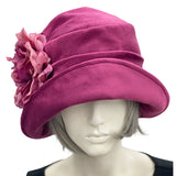 1920s style cloche hat for women in raspberry pink velvet Boston Millinery top front view