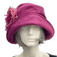 1920s style cloche hat for women in raspberry pink velvet Boston Millinery front view