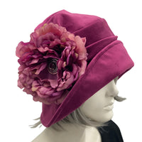 1920s style cloche hat for women in raspberry pink velvet Boston Millinery flower view
