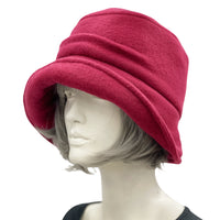 Alice fleece cloche hat 1920s style shown modeled on a mannequin. Plain side view of wine color hat
