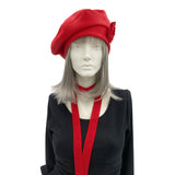 Red Fleece Beret Boston Millinery full front view with scarf 
