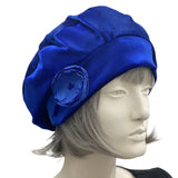 Beret stretch Velvet royal blue with satin rose brooch