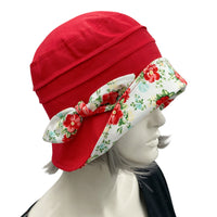 Red Linen vintage inspired hat with floral brim and bow accessory side view showing Bow. Boston Millinery 
