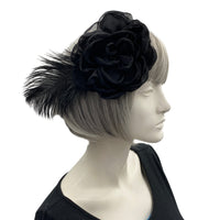 Vintage Style Peony Flower and Ostrich Feather Fascinator in Black Chiffon 