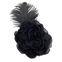 Center A Vintage Style Peony Flower and Ostrich Feather Fascinator in Black Chiffon 